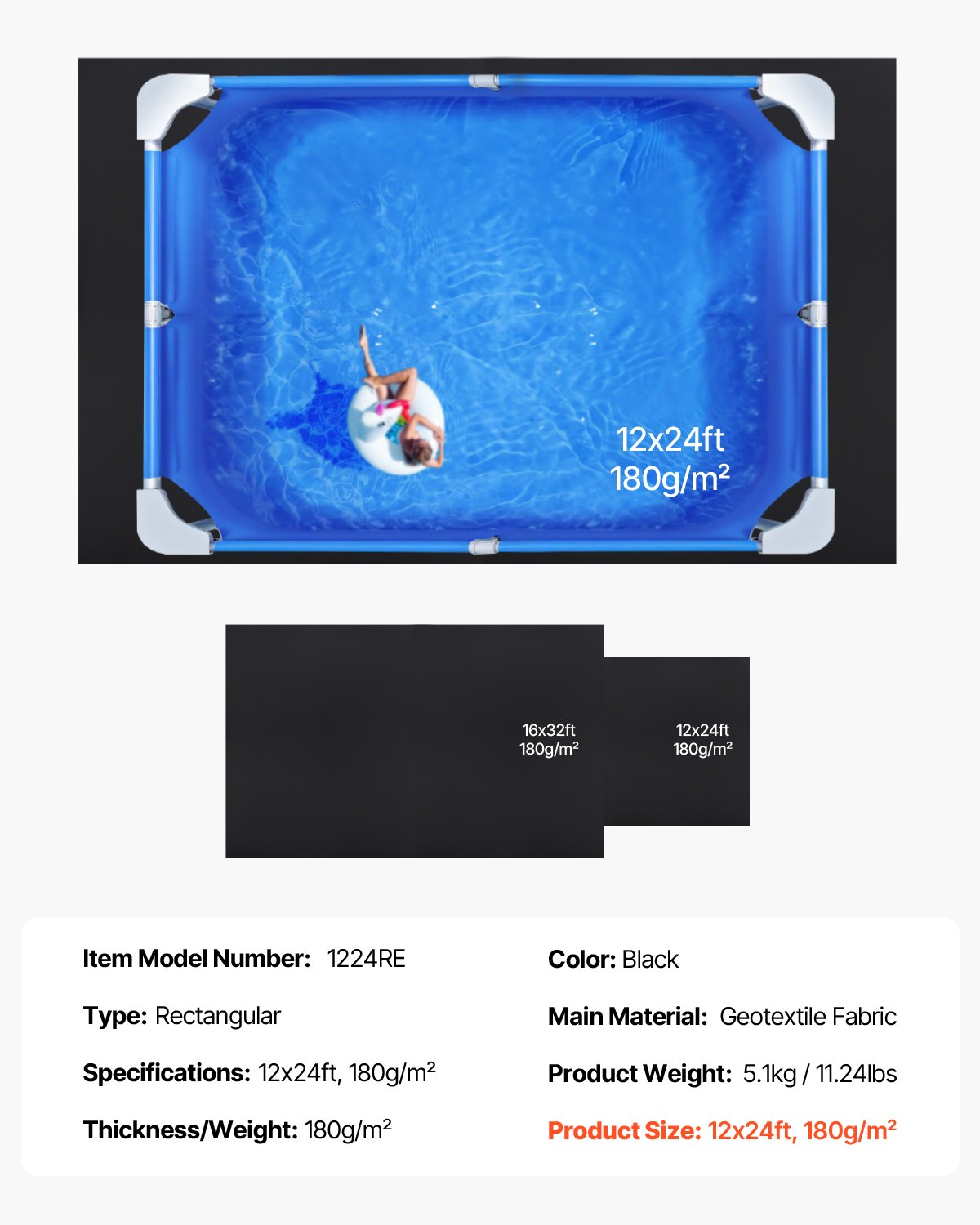 Rectangle Pool Liner Pad, 12 x24 ft Pool Liner Pad for Above Ground Swimming Pools, Extra-Thick Pool Mat, Prevents Punctures, Recycled Geotextile Material Underlayment Pad, Extend Liner Life