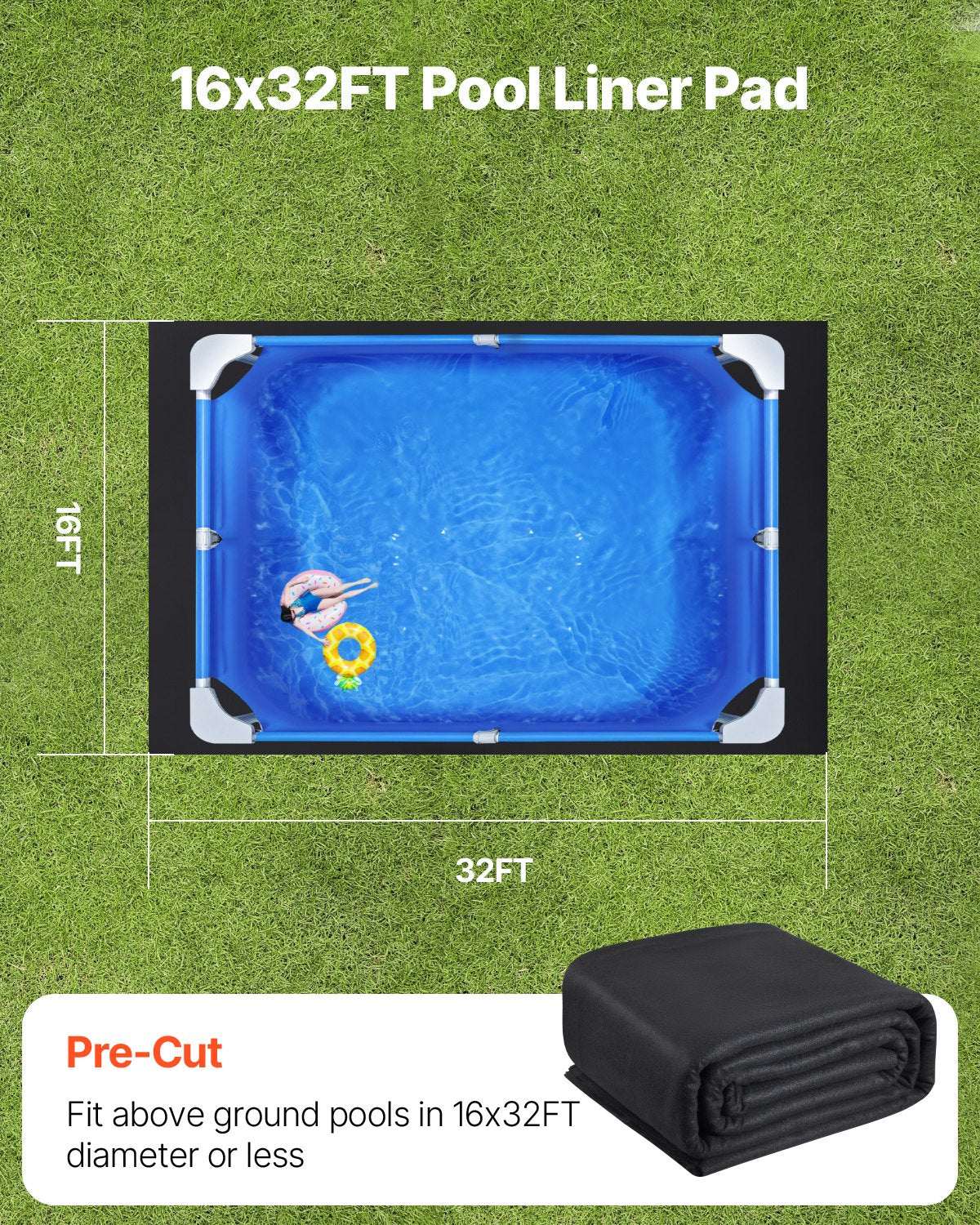 Rektangulärt poolfoder, 4,6 x 9,6 m för ovanmarkspooler, extra tjock poolmatta, förhindrar punkteringar, underlag av återvunnet geotextilmaterial, förlänger fodrets livslängd