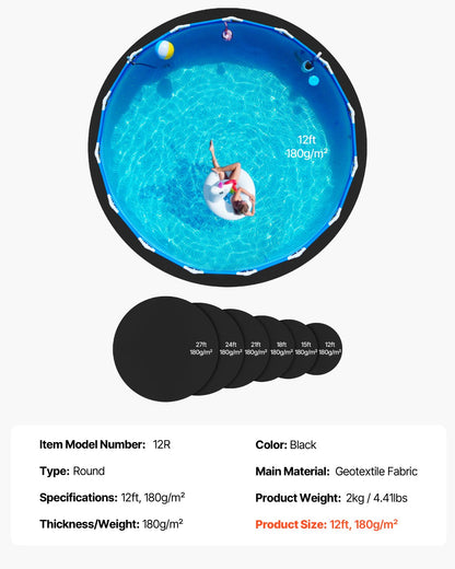 12ft Round Pool Liner Pad, Pool Liner Pad for Above Ground Swimming Pools, Extra-Thick Pool Mat, Prevents Punctures, Recycled Geotextile Material Underlayment Pad, Extend Liner Life