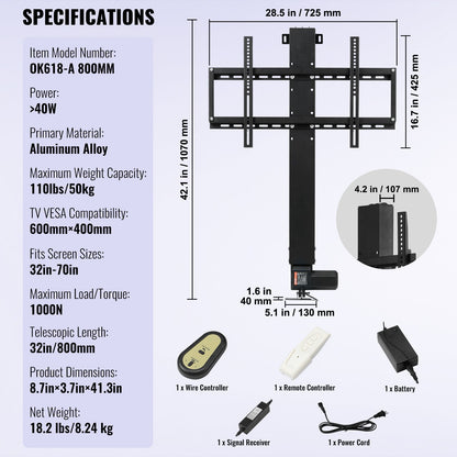 TV Lift Stand Motorized TV auto Lift Mount Bracket for 66–152.4 cm Flat Screen LCD/LED/OLED Plasma TVs Heavy Duty Electric TV Mount Motorised TV Lift