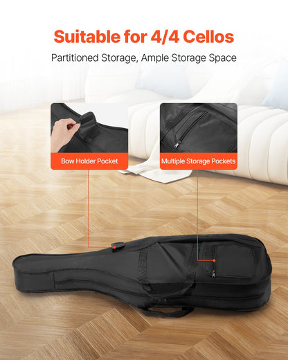 4/4 Full Size Cello Case, Nylon Waterproof, Lightweight Portable Travel Carrying Bag, with Reinforced Handle, Dual Shoulder Straps, Anti-Scratch, Professional Cello-Shape, for Cello, Black