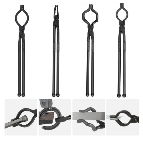 Blacksmith Tongs, 45.7 cm 4 PCS, V-Bit Bolt Tongs, Wolf Jaw Tongs, Z V-Bit Tongs and Gripping Tongs, Carbon Steel Forge Tongs with A3 Steel Rivets, for Beginner and Seasoned Blacksmiths, Bladesmiths