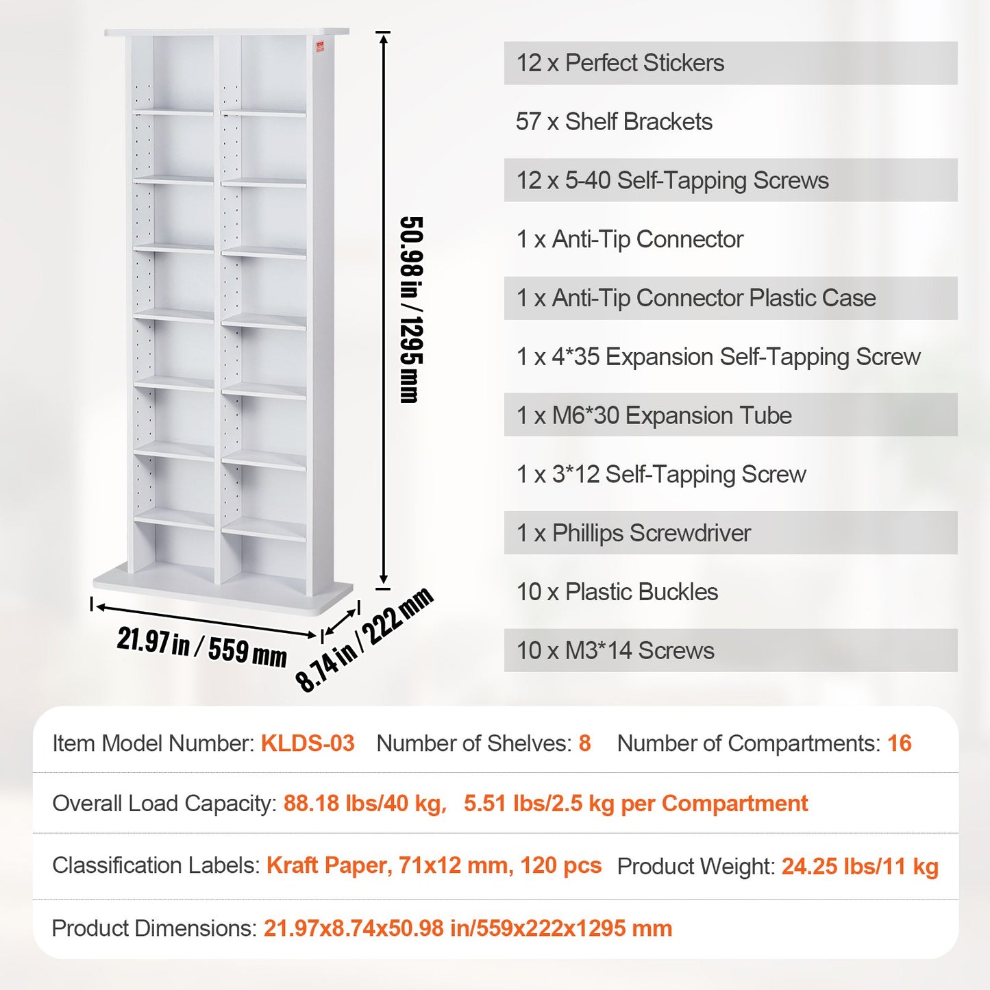 Mediaförvaringsskåp med 8 lager, justerbara DVD-hyllor, rymmer 464 CD-skivor, vit