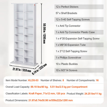 Mediaförvaringsskåp med 8 lager, justerbara DVD-hyllor, rymmer 464 CD-skivor, vit