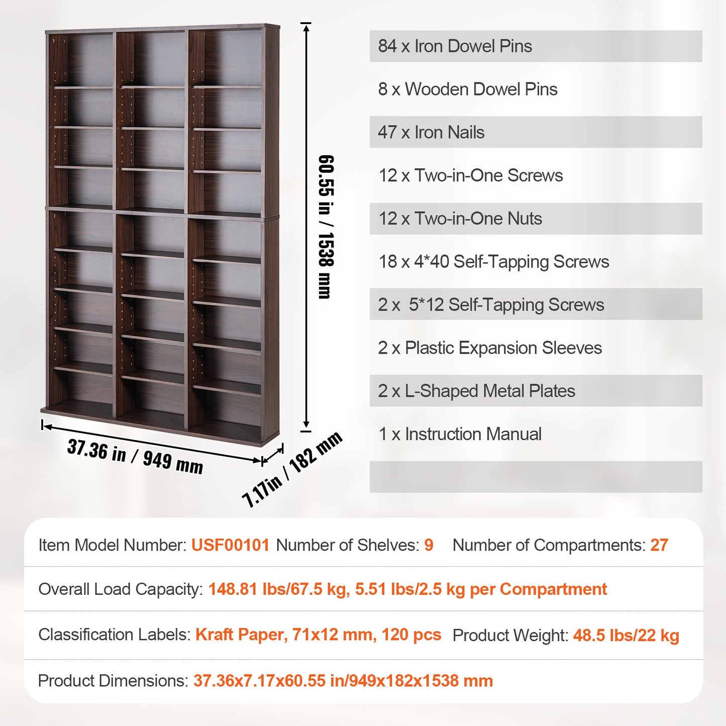 Media Storage Cabinet, 9-layer DVD Shelf Holds up to 756 CDs, Adjustable CD Shelves 27 Compartments, Protects & Organizes Music, Movie, Video Games or Memorabilia Collections, Espresso