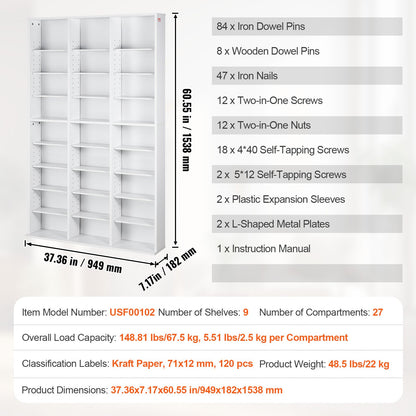 Media Storage Cabinet, 9-layer DVD Shelf Holds up to 756 CDs, Adjustable CD Shelves 27 Compartments, Protects & Organizes Music, Movie, Video Games or Memorabilia Collections,White