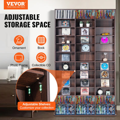 Mediaförvaringsskåp, justerbart DVD-skåp, CD-förvaring rymmer upp till 1080 CD-skivor, skyddar och organiserar musik-, film-, videospel- eller memorabiliasamlingar - Espresso