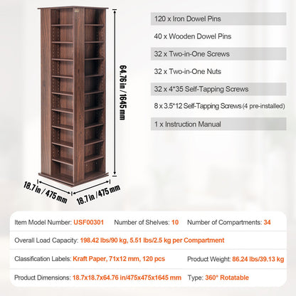 Media Storage Cabinet, Rotating Media Tower, Holds up to 1040 CDs, Protects & Organizes Music, Movie, Video Games or Memorabilia Collections- Espresso