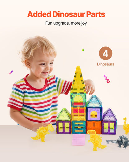 Magnetic Tiles, 56 PCS Magnetic Animals Building Blocks for Kids, Magnet Building Set with 4 Dinosaurs, STEM Sensory Educational Construction Stacking Toys Gift for Toddlers Boys Girls Aged 3+