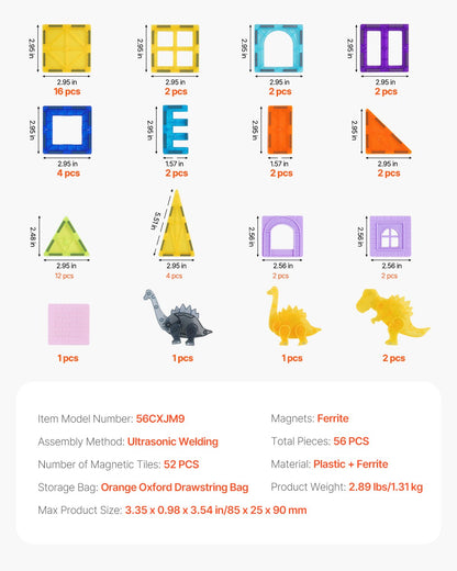 Magnetic Tiles, 56 PCS Magnetic Animals Building Blocks for Kids, Magnet Building Set with 4 Dinosaurs, STEM Sensory Educational Construction Stacking Toys Gift for Toddlers Boys Girls Aged 3+