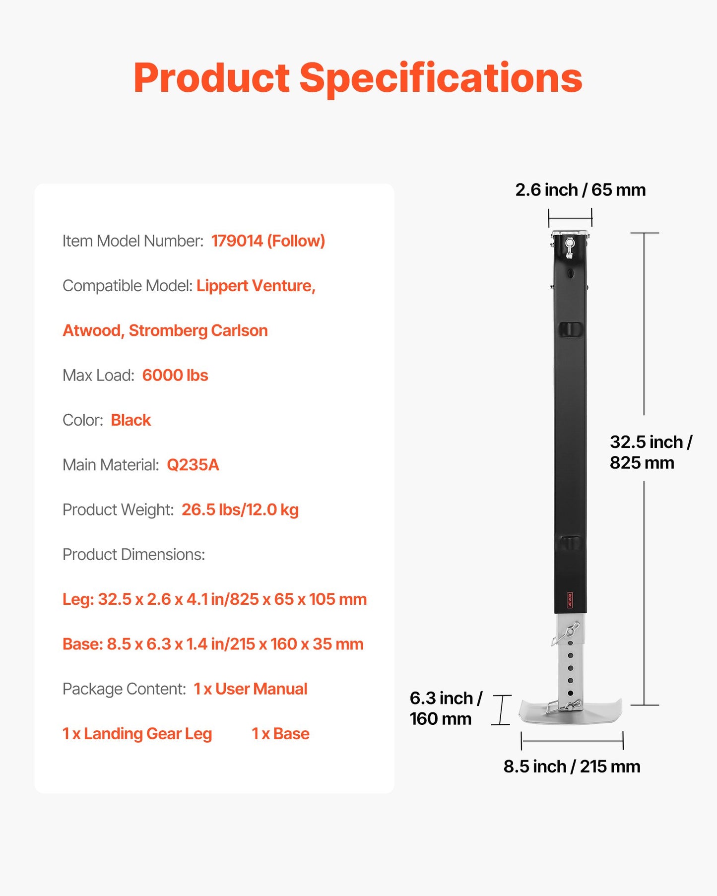 RV Follow femtehjulslandningsställsben 179014, 825 mm femtehjulslandningsställ universellt ersättningskompatibelt med Lippert Venture, Atwood, Stromberg Carlson Systems, med stift och bas, svart