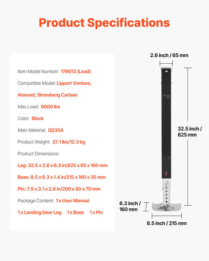 RV Lead Fifth Wheel Landing Gear Leg 179013, 825 mm 5th Wheel Landing Gear Universal Replacement Compatible with Lippert Venture, Atwood, Stromberg Carlson Systems, with Pin and Base, Black