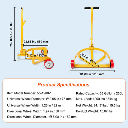 208.2 L Drum Dolly, 544.3 kg Load Capacity, Barrel Dolly Cart Drum Caddy Round Dolly Steel Low Profile, Heavy Duty Steel Frame with Adjustable Handle 3 Wheels, for Workshop Factory Warehouse