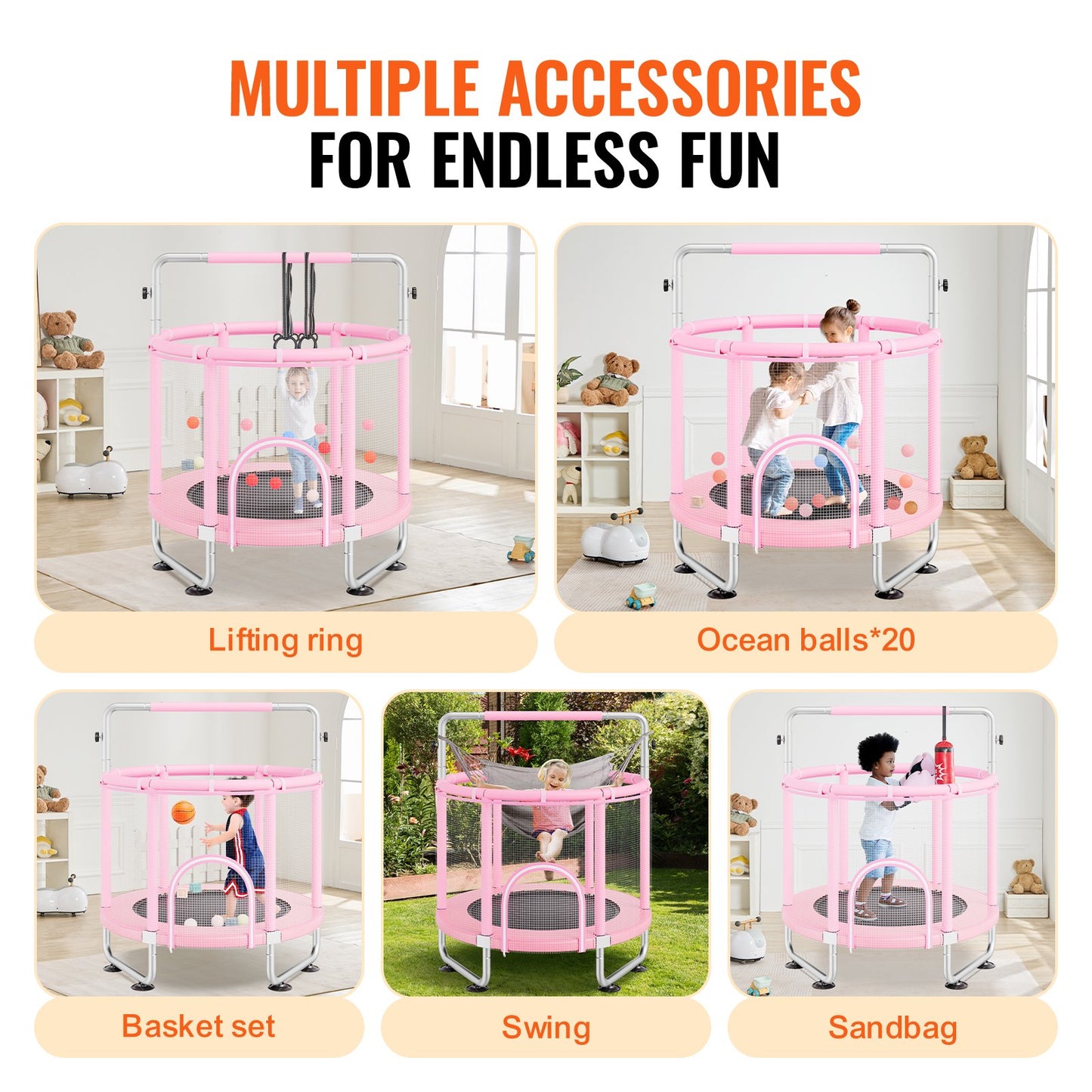 55" Kids Trampoline, 4.6FT Indoor Outdoor Trampoline, Mini Toddler Recreational Trampolinewith Safety Enclosure Net and Basketball Hoop, Birthday Gifts Christmas Toys for 3+ Years Children, Pink
