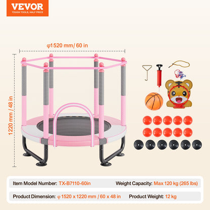 60" barnstudsmatta, 1,5 meter inomhus- och utomhusstudsmatta, mini-studsmatta för småbarn med säkerhetsnät och basketkorg, födelsedagspresenter, julleksaker för barn från 3 år, rosa