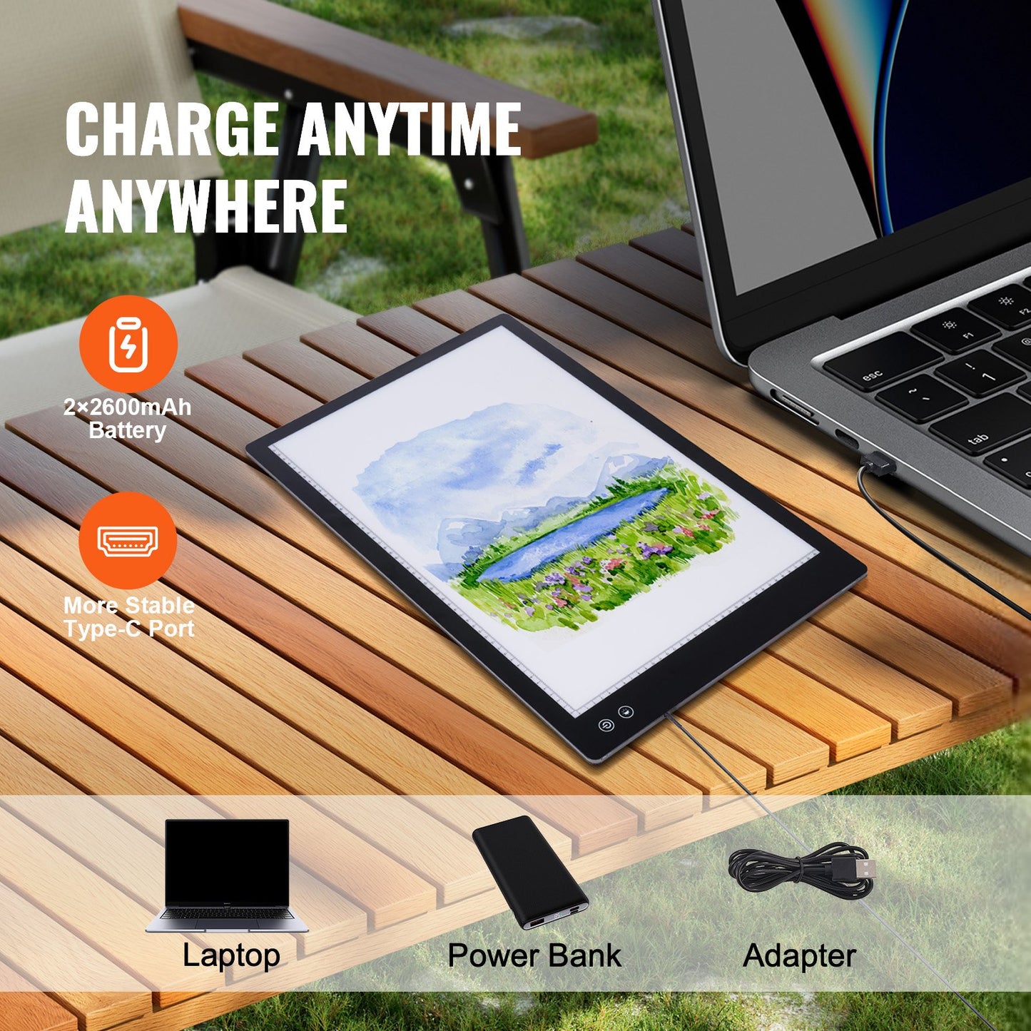 Ljustavla, A2 LED-ljusplatta med 6 nivåer av dimbar ljusstyrka, uppladdningsbart ljusbord för spårning, ljuslåda för diamantmålning, animation, skissning, teckning, schablonering, konstnärer (svart)