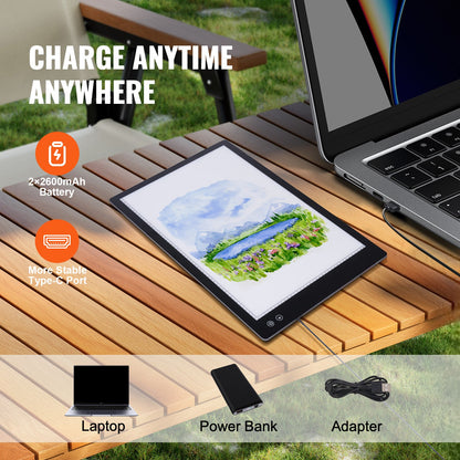 Ljustavla, A2 LED-ljusplatta med 6 nivåer av dimbar ljusstyrka, uppladdningsbart ljusbord för spårning, ljuslåda för diamantmålning, animation, skissning, teckning, schablonering, konstnärer (svart)