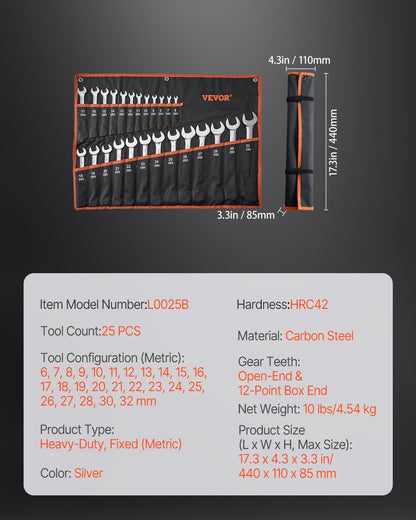 Combination Wrench Set, 25-Piece Open End Wrench Set with Roll-up Pouch, Carbon Steel Wrench Set Metric 6 mm to 32 mm, Ideal for General Household, Garage, Workshop, Auto Repairs, Emergency