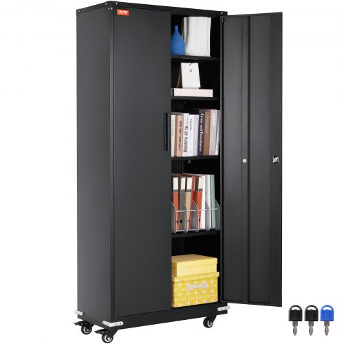 Metal Storage Cabinet with Wheels, 190.5 cm Locking Cabinet with 4 Adjustable Shelves & 2 Magnetic Doors, 90.7 kg Capacity per Shelf, Metal Cabinet with 3 Keys for Office, Garage, Home, Black