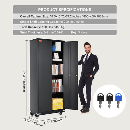 Metal Storage Cabinet with Wheels, 190.5 cm Locking Cabinet with 4 Adjustable Shelves & 2 Magnetic Doors, 90.7 kg Capacity per Shelf, Metal Cabinet with 3 Keys for Office, Garage, Home, Black