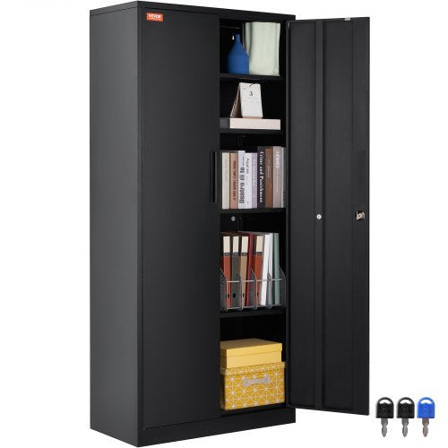 Metal Storage Cabinet, Steel Locking Storage Cabinet with 2 Magnetic Doors and 4 Adjustable Shelves, 180.34 cm Metal Cabinet 90.7 kg Capacity per Shelf with 3 Keys, for Office, Home, Garage, Black
