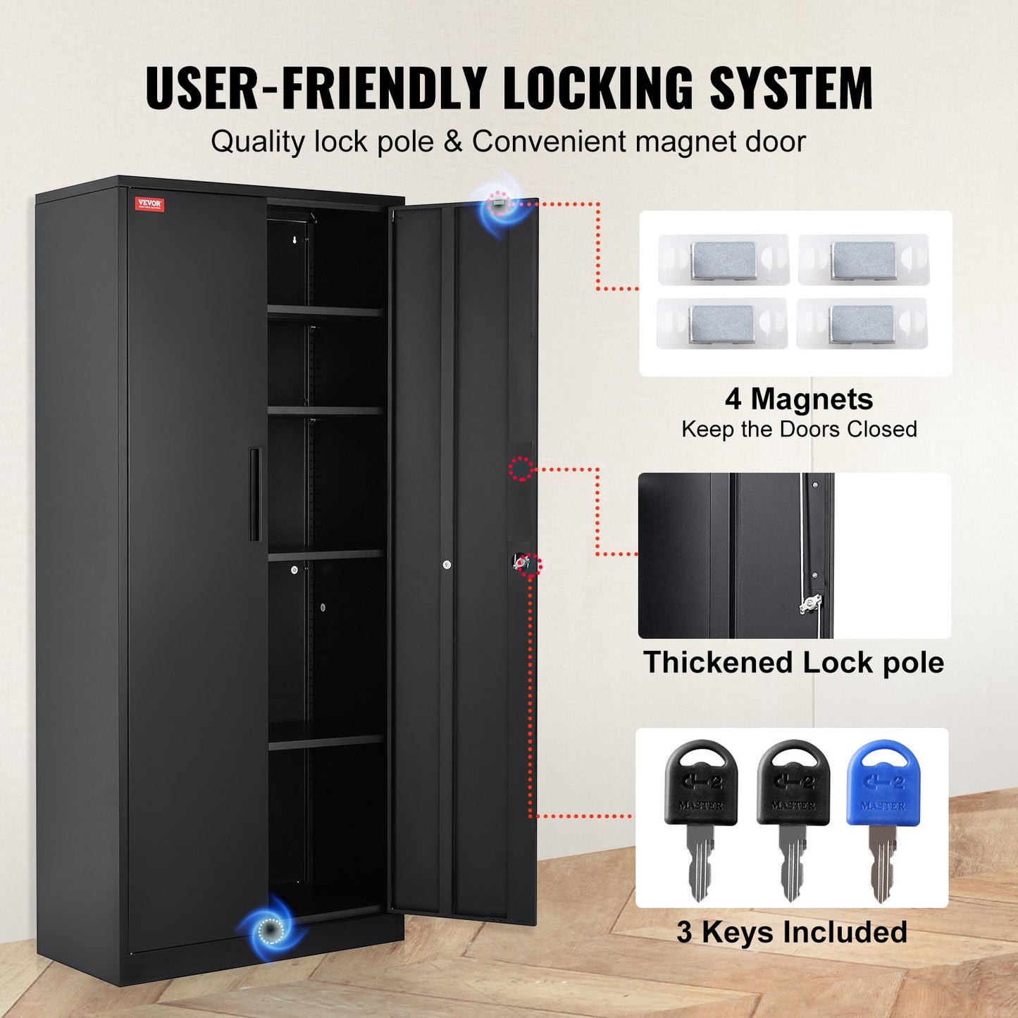 Metal Storage Cabinet, Steel Locking Storage Cabinet with 2 Magnetic Doors and 4 Adjustable Shelves, 180.34 cm Metal Cabinet 90.7 kg Capacity per Shelf with 3 Keys, for Office, Home, Garage, Black