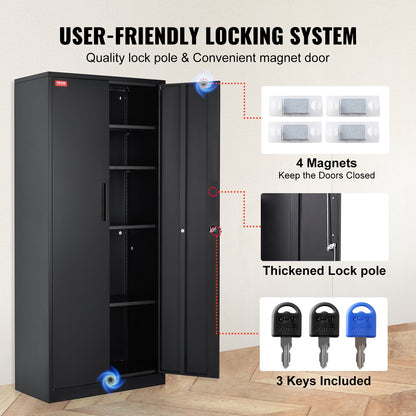 Metal Storage Cabinet, Steel Locking Storage Cabinet with 2 Magnetic Doors and 4 Adjustable Shelves, 180.34 cm Metal Cabinet 90.7 kg Capacity per Shelf with 3 Keys, for Office, Home, Garage, Black