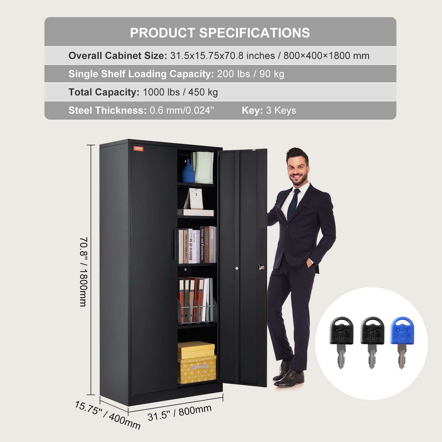 Metal Storage Cabinet, Steel Locking Storage Cabinet with 2 Magnetic Doors and 4 Adjustable Shelves, 180.34 cm Metal Cabinet 90.7 kg Capacity per Shelf with 3 Keys, for Office, Home, Garage, Black