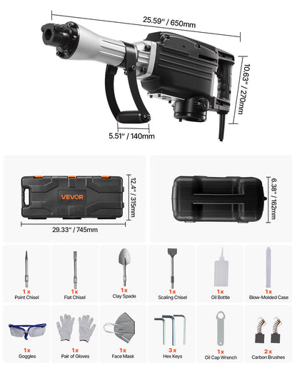Demolition Jack Hammer, 2800 W Powerful Electric Jackhammer, 1200 BPM Concrete Breaker with 3 Chisels, a Clay Spade, Carrying Case, Gloves, for Concrete, Wall, Brick, Tile and Foundation
