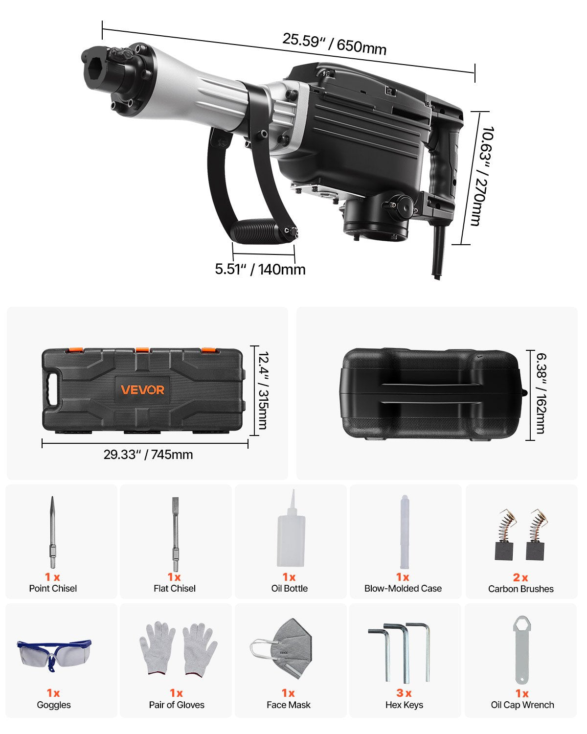 Demolition Jack Hammer, 2800 W Powerful Electric Jackhammer, 1200 BPM Concrete Breaker with a Point Chisel, a Flat Chisel, Carrying Case, Gloves, for Concrete, Wall, Brick, Tile and Foundation