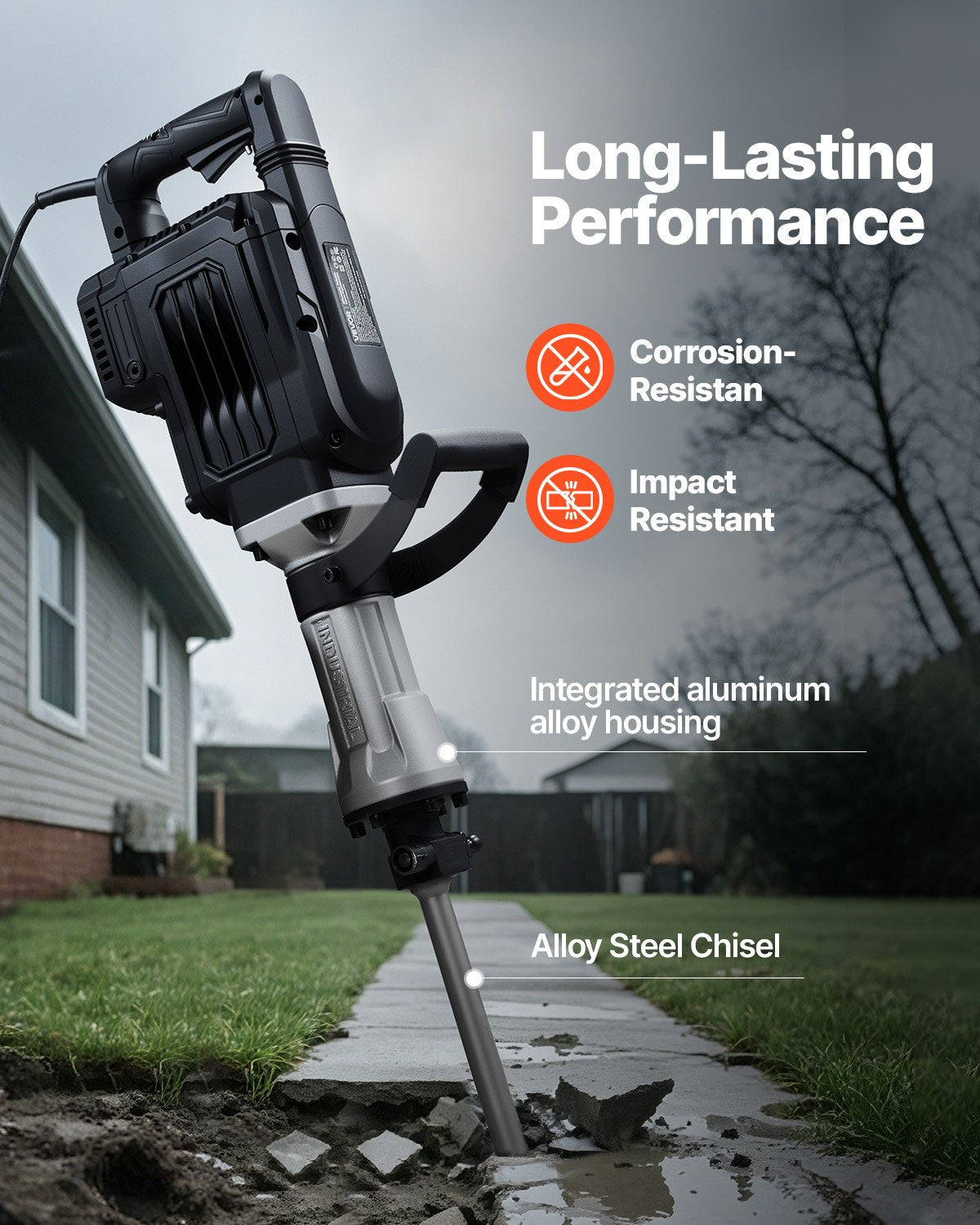 Rivningshammare, 3000 W kraftfull elektrisk tryckluftshammare, 1700 slag/min betongbrytare med spetsmejsel, bärväska, handskar, skyddsglasögon, för betong, väggar, tegel, kakel och grund