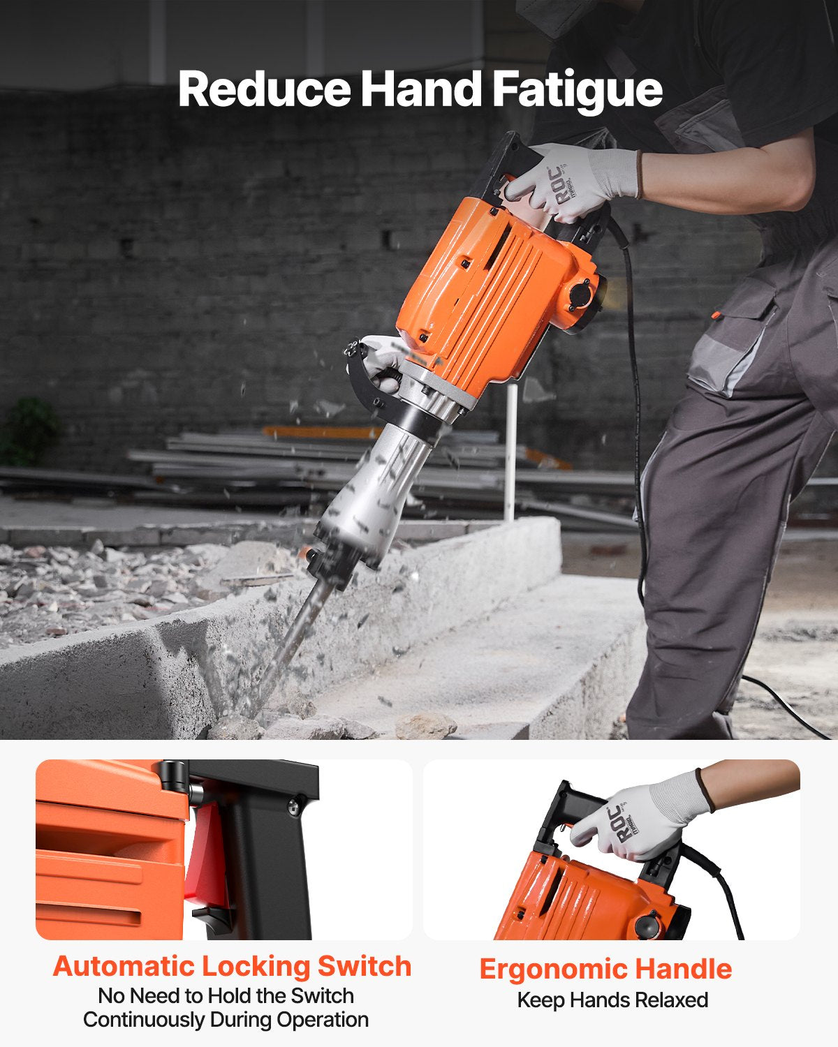 Demolition Jack Hammer Concrete Breaker 2200W Electric Hammer 4 Chisel Bits