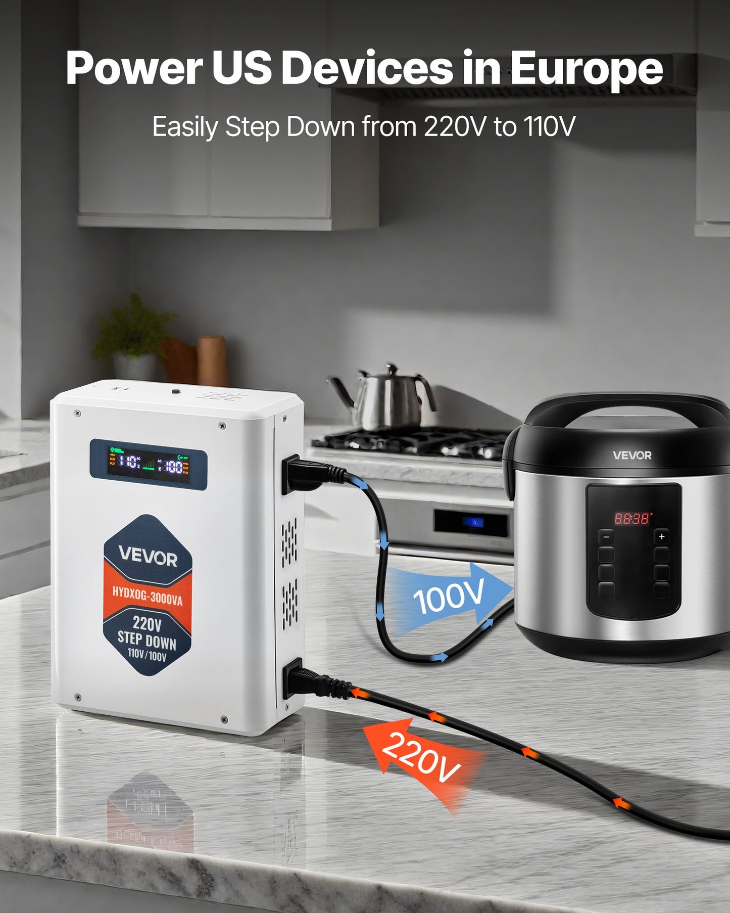 Step Down Voltage Converter, 3000VA, Heavy Duty Voltage Power Converter, 220V to 110V Power Transformer, with 2 US Outlets, USB Output, LCD Display, Temperature Protection, for 110V Appliances
