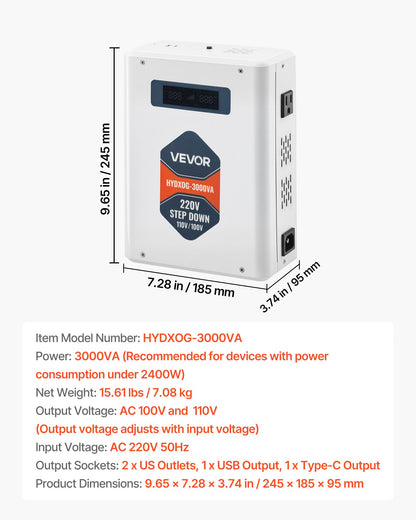 Step Down Voltage Converter, 3000VA, Heavy Duty Voltage Power Converter, 220V to 110V Power Transformer, with 2 US Outlets, USB Output, LCD Display, Temperature Protection, for 110V Appliances