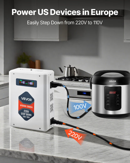 Nedspänningsomvandlare, 2000VA, Kraftig spänningsomvandlare, 220V till 110V transformator, med 2 US-uttag, USB-utgång, LCD-display, temperaturskydd, för 110V-apparater