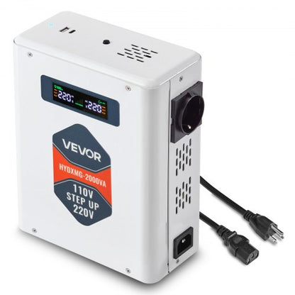 Spänningsomvandlare, 2000VA, Kraftig spänningsomvandlare, 110V till 220V transformator, med 2 EU-uttag, USB-utgång, LCD-display, temperaturskydd, för 220V-apparater