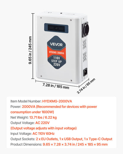 Spänningsomvandlare, 2000VA, Kraftig spänningsomvandlare, 110V till 220V transformator, med 2 EU-uttag, USB-utgång, LCD-display, temperaturskydd, för 220V-apparater