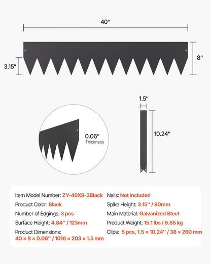 Stålkantlist, 3-pack 40 x 8 tum rostbeständig metallkantlist, böjbar trädgårdskant, kraftig gräsmatta, lätt att installera, rabattgångavdelare svart