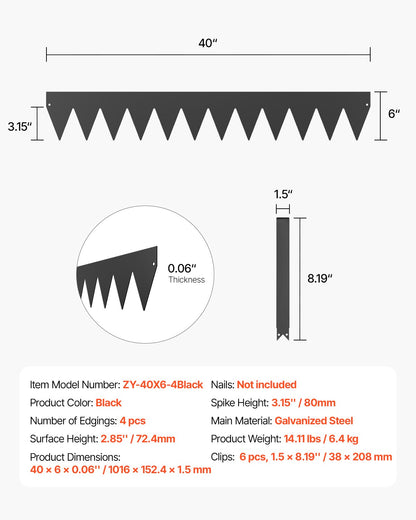 Steel Landscape Edging, 4 Packs 40 x 6 in Rust-Resistant Metal Landscape Edging, Bendable Garden Edging Border, Heavy Duty Lawn Edging, Easy-to-Install, Flower Bed Yard Pathway Divider Black