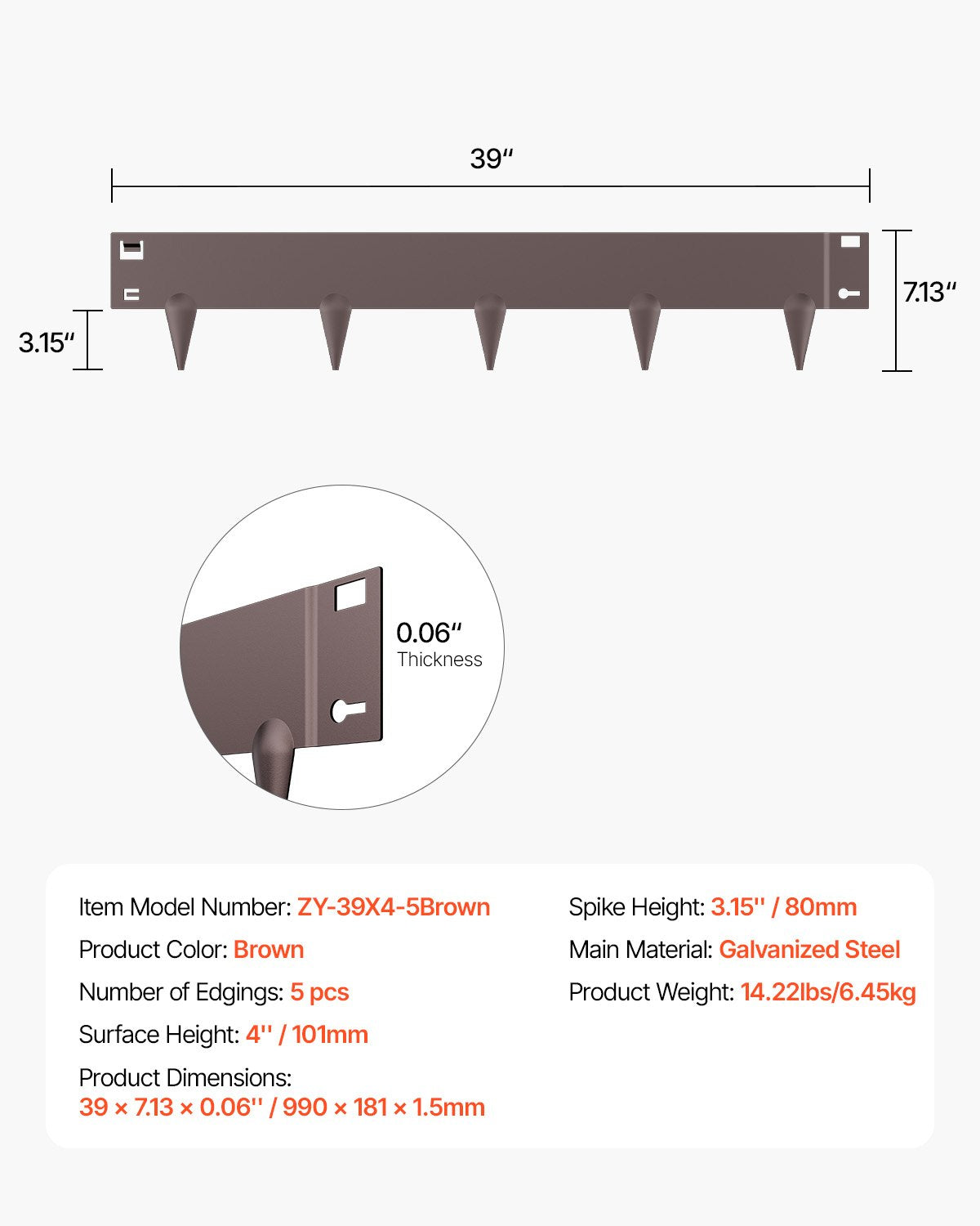 Stålkantlist, 5-pack 39 x 4 tum rostbeständig metallkantlist, böjbar trädgårdskant, kraftig gräsmatta, lätt att installera, rabattgångavdelare brun