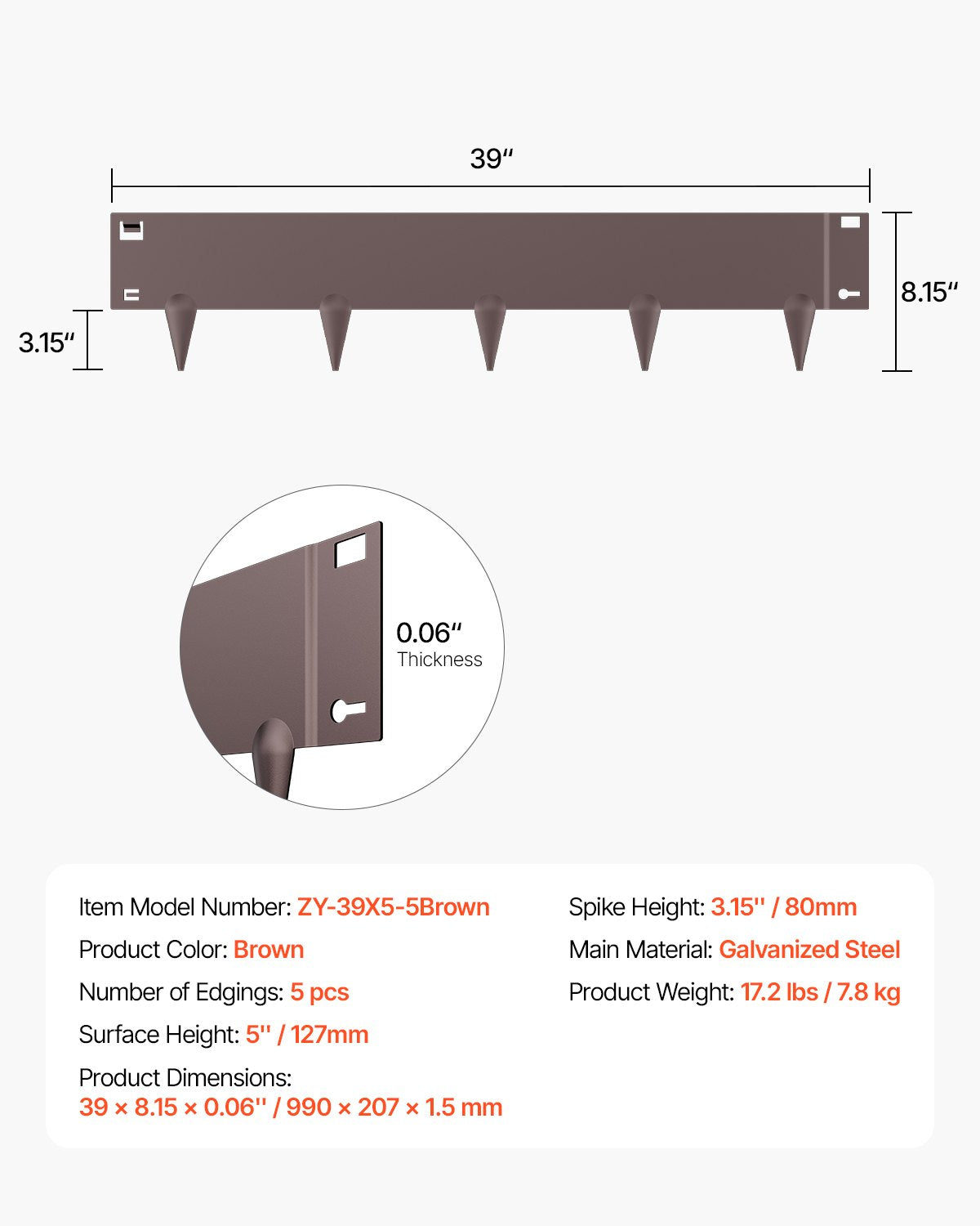 Stålkantlist, 5-pack 39 x 5 tum rostbeständig metallkantlist, böjbar trädgårdskant, kraftig gräsmatta, lätt att installera, rabattgångavdelare brun
