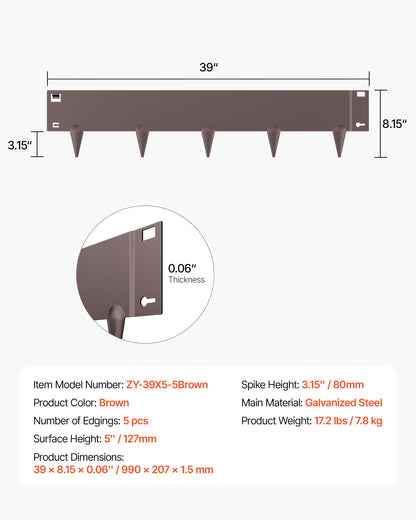 Stålkantlist, 5-pack 39 x 5 tum rostbeständig metallkantlist, böjbar trädgårdskant, kraftig gräsmatta, lätt att installera, rabattgångavdelare brun