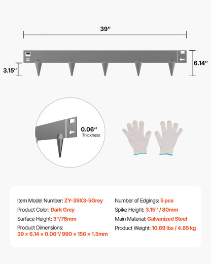 Stålkantlist, 5-pack 39 x 3 tum rostbeständig metallkantlist, böjbar trädgårdskant, kraftig gräsmatta, lätt att installera, rabattgångavdelare mörkgrå