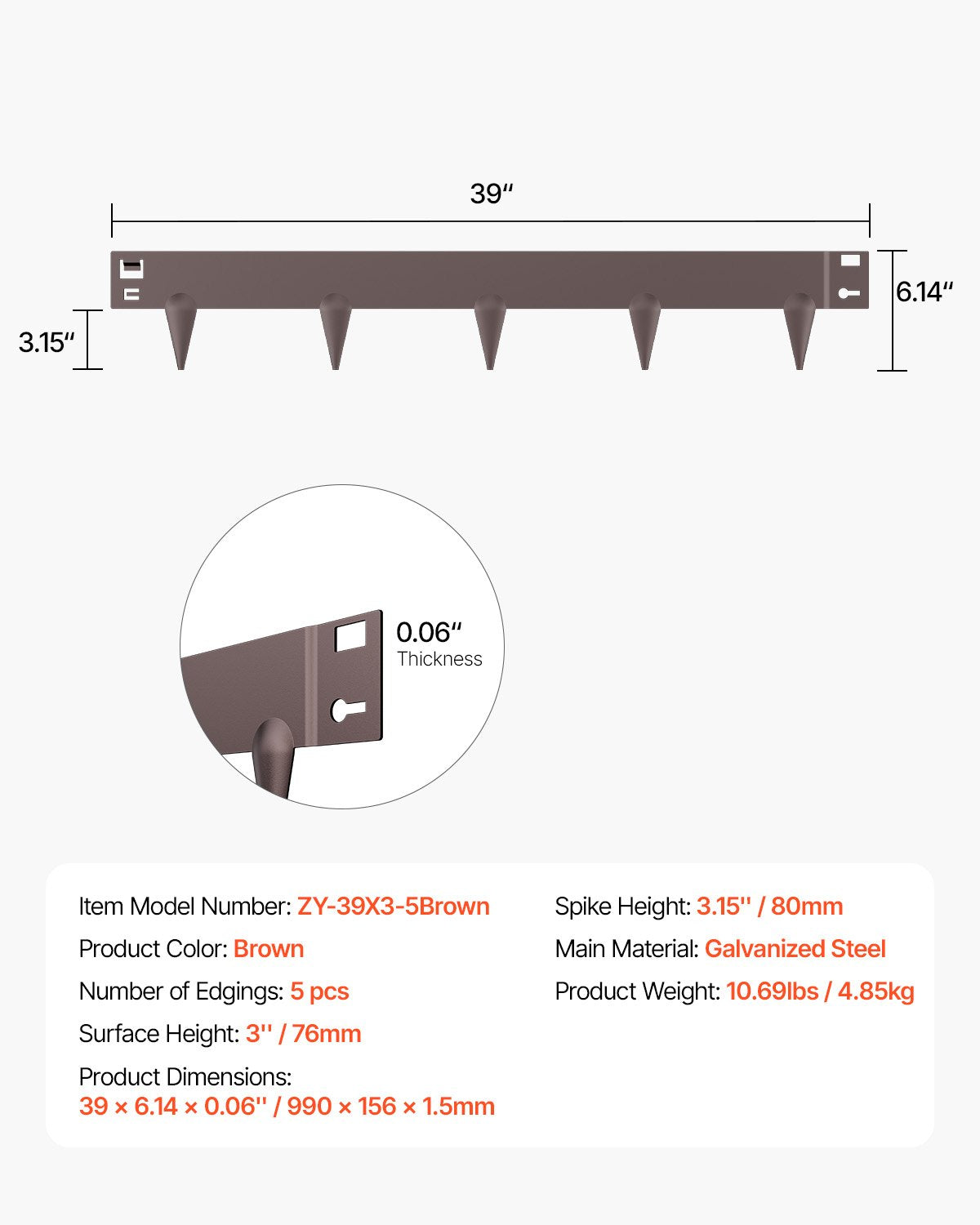 Steel Landscape Edging, 5 Packs 39 x 3 in Rust-Resistant Metal Landscape Edging, Bendable Garden Edging Border, Heavy Duty Lawn Edging, Easy-to-Install, Flower Bed Yard Pathway Divider Brown
