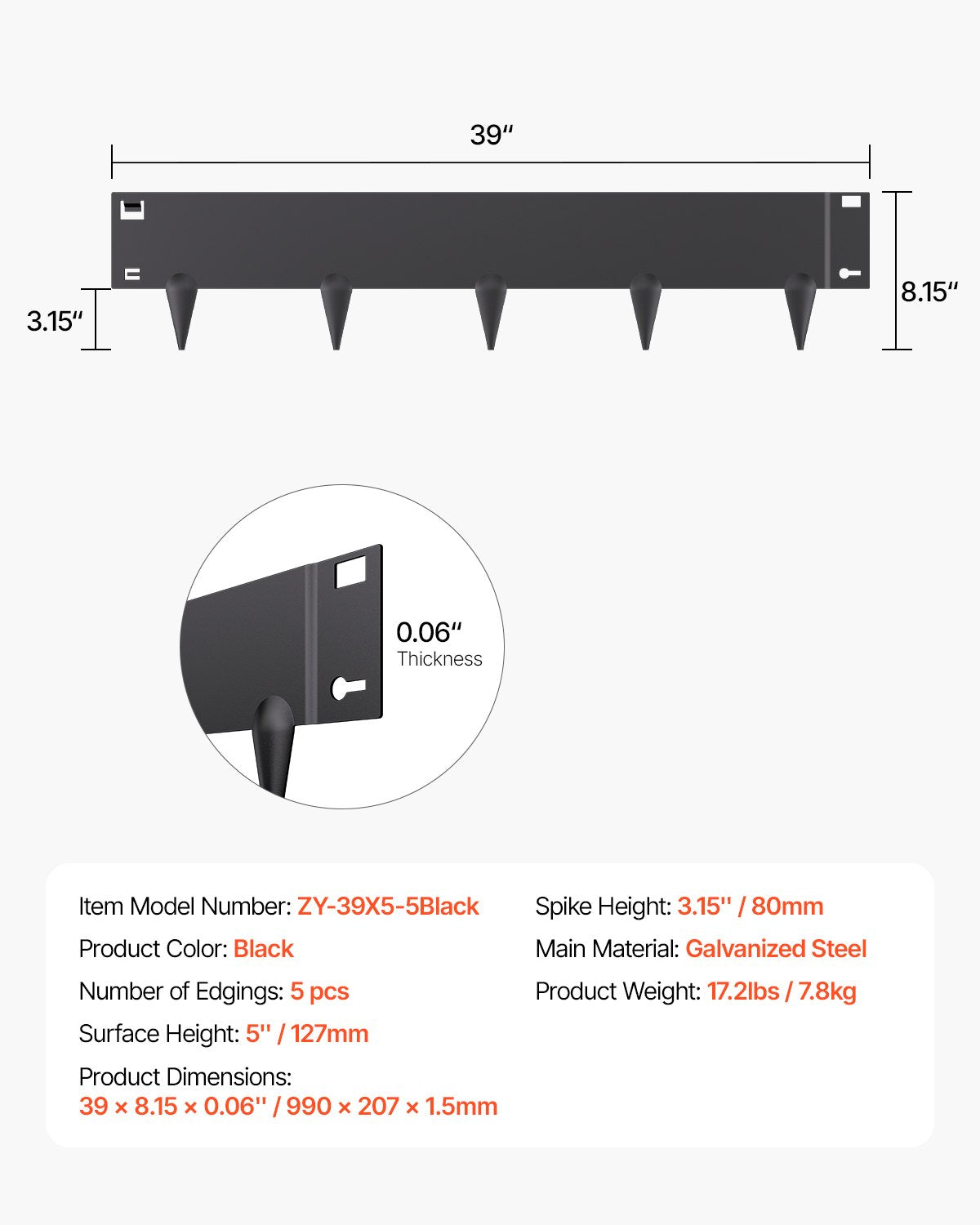 Stålkantlist, 5-pack 39 x 5 tum rostbeständig metallkantlist, böjbar trädgårdskant, kraftig gräsmatta, enkel att installera, rabattgångavdelare svart