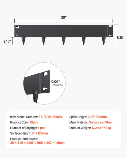 Stålkantlist, 5-pack 39 x 5 tum rostbeständig metallkantlist, böjbar trädgårdskant, kraftig gräsmatta, enkel att installera, rabattgångavdelare svart