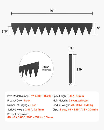 Stålkantlist, 6-pack 40 x 6 tum rostbeständig metallkantlist, böjbar trädgårdskant, kraftig gräsmatta, enkel att installera, rabattgångavdelare svart