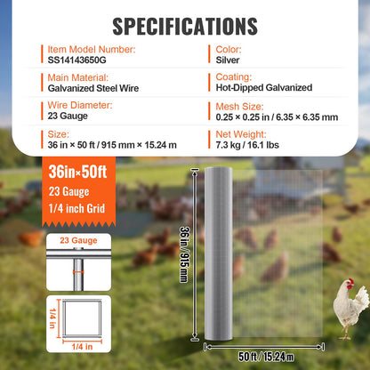 Järnvaruduk, 1/4 tum 36 tum x 50 fot 23 Gauge, varmgalvaniserad trådnätsrulle, hönsnätsstängsel, trådnät för kaninburar, trädgård, små gnagare