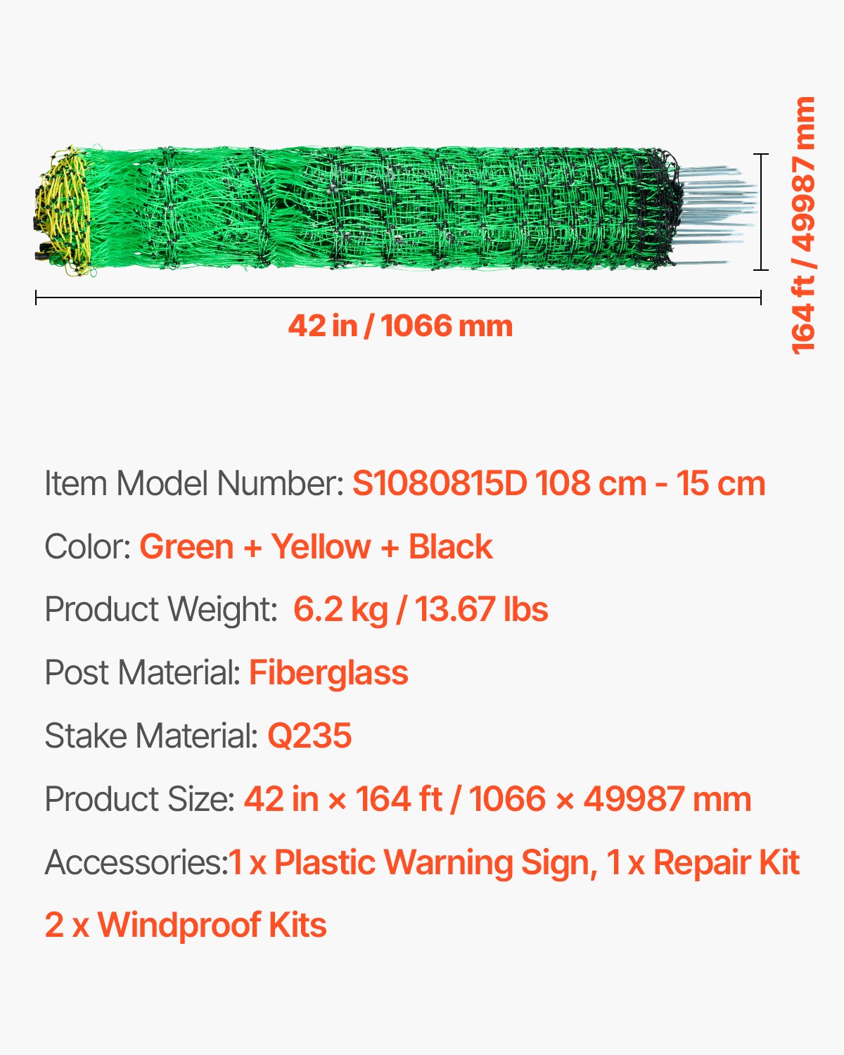 Electric Fence Netting, 1.06 x 49.98 m, PE Net Fencing with Posts & Double-Spiked Stakes, Utility Portable Mesh for Goats, Sheep, Lambs, Deer, Hogs, Dogs, Used in Backyards, Farms, and Ranches