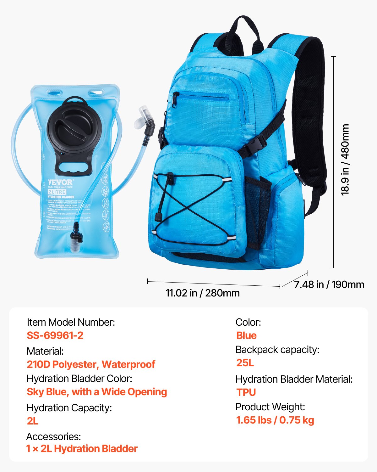 Hydration Backpack, 25L Insulated Hydration Pack Backpack with 2L TPU Water Bladder, Hiking Water Backpack with Storage for Men Women, Hydro Water Daypack for Hiking Running Cycling Camping